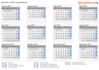 Kalender 2027 mit Ferien und Feiertagen Kambodscha