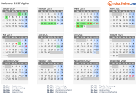 Kalender 2027 mit Ferien und Feiertagen Agder