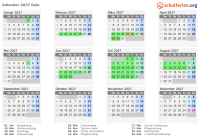 Kalender 2027 mit Ferien und Feiertagen Oslo