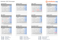 Kalender 2027 mit Ferien und Feiertagen Norwegen