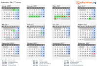 Kalender 2027 mit Ferien und Feiertagen Troms