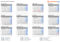 Kalender 2027 mit Ferien und Feiertagen Vestland