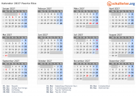 Kalender 2027 mit Ferien und Feiertagen Puerto Rico