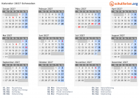 Kalender 2027 mit Ferien und Feiertagen Schweden