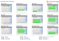 Kalender 2027 mit Ferien und Feiertagen Freiburg