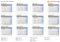 Kalender 2027 mit Ferien und Feiertagen Schweiz