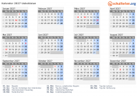 Kalender 2027 mit Ferien und Feiertagen Usbekistan