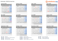 Kalender 2028 mit Ferien und Feiertagen Armenien