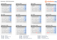 Kalender 2028 mit Ferien und Feiertagen Barbados