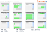 Kalender 2028 mit Ferien und Feiertagen Mecklenburg-Vorpommern