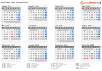 Kalender 2028 mit Ferien und Feiertagen Deutschland