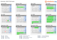 Kalender 2028 mit Ferien und Feiertagen Thüringen