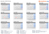 Kalender 2028 mit Ferien und Feiertagen Eritrea