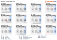 Kalender 2028 mit Ferien und Feiertagen Frankreich