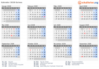 Kalender 2028 mit Ferien und Feiertagen Guinea