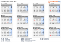 Kalender 2028 mit Ferien und Feiertagen Kongo, Rep.
