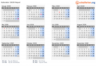 Kalender 2028 mit Ferien und Feiertagen Nepal