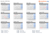Kalender 2028 mit Ferien und Feiertagen Oslo