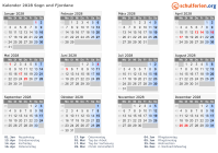 Kalender 2028 mit Ferien und Feiertagen Sogn und Fjordane
