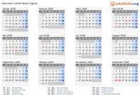 Kalender 2028 mit Ferien und Feiertagen West-Agder