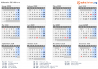 Kalender 2028 mit Ferien und Feiertagen Peru