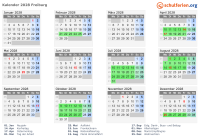 Kalender 2028 mit Ferien und Feiertagen Freiburg