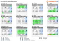 Kalender 2028 mit Ferien und Feiertagen Schaffhausen