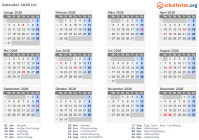 Kalender 2028 mit Ferien und Feiertagen Uri