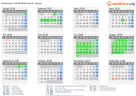 Kalender 2028 mit Ferien und Feiertagen Böhmisch Leipa