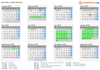 Kalender 2028 mit Ferien und Feiertagen Olmütz