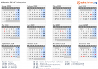Kalender 2028 mit Ferien und Feiertagen Tschechien
