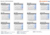 Kalender 2028 mit Ferien und Feiertagen Usbekistan