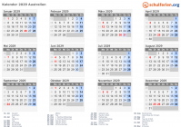 Kalender 2029 mit Ferien und Feiertagen Australien