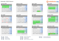 Kalender 2029 mit Ferien und Feiertagen Hessen