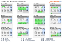 Kalender 2029 mit Ferien und Feiertagen Mecklenburg-Vorpommern