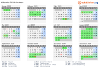 Kalender 2029 mit Ferien und Feiertagen Sachsen