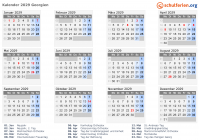 Kalender 2029 mit Ferien und Feiertagen Georgien
