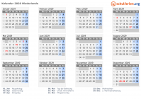 Kalender 2029 mit Ferien und Feiertagen Niederlande