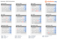 Kalender 2029 mit Ferien und Feiertagen Kolumbien