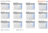 Kalender 2029 mit Ferien und Feiertagen Nepal