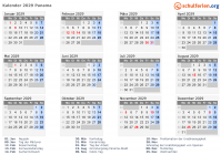 Kalender 2029 mit Ferien und Feiertagen Panama