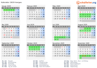 Kalender 2029 mit Ferien und Feiertagen Aargau
