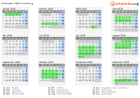 Kalender 2029 mit Ferien und Feiertagen Freiburg
