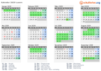 Kalender 2029 mit Ferien und Feiertagen Luzern