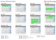 Kalender 2029 mit Ferien und Feiertagen Sankt Gallen