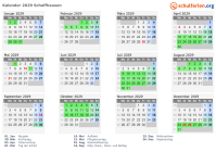 Kalender 2029 mit Ferien und Feiertagen Schaffhausen