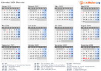 Kalender 2029 mit Ferien und Feiertagen Slowakei