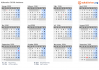 Kalender 2030 mit Ferien und Feiertagen Andorra