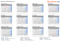 Kalender 2030 mit Ferien und Feiertagen Bahamas