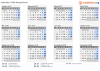 Kalender 2030 mit Ferien und Feiertagen Bangladesch